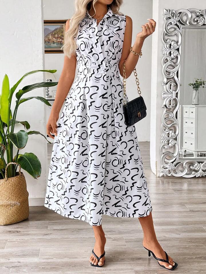 CM-DS957247 Women Casual Seoul Style Printed Pocket Sleeveless Shirt Collar Long Dress