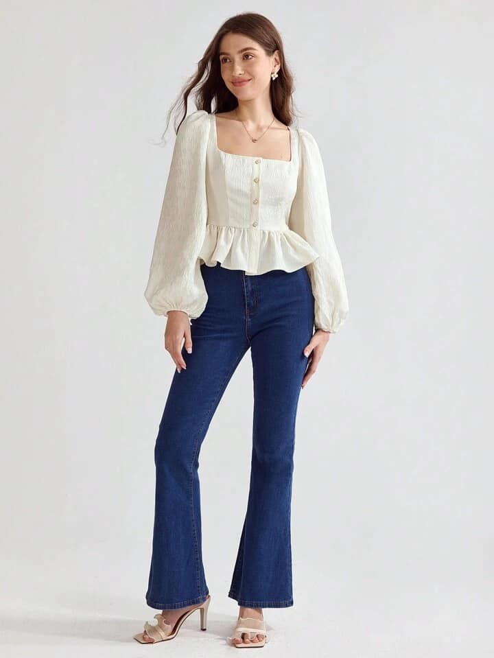 CM-TS621308 Women Elegant Seoul Style Solid Color Square Collar Long Sleeve Shirt - Apricot