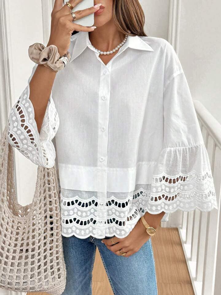 CM-TS144416 Women Trendy Bohemian Style Eyelet Embroidery Flounce Sleeve Shirt - White