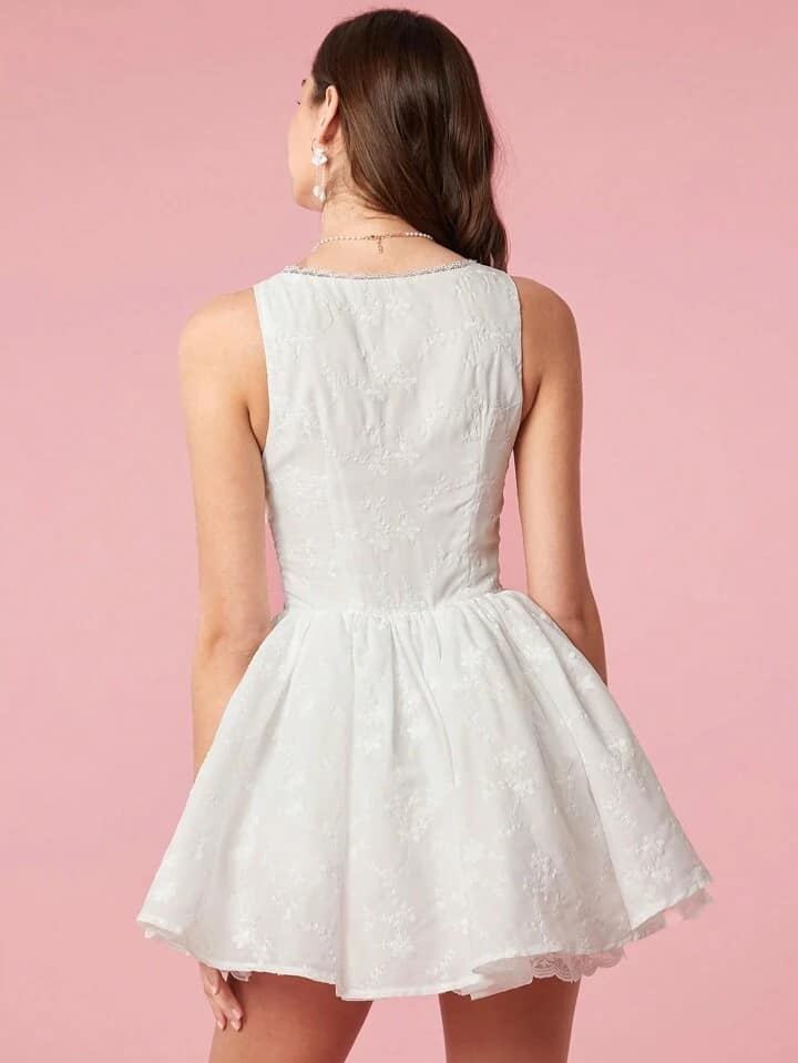 CM-DS929091 Women Elegant Seoul Style Lace Insert Sleeveless Corset Short Dress - White