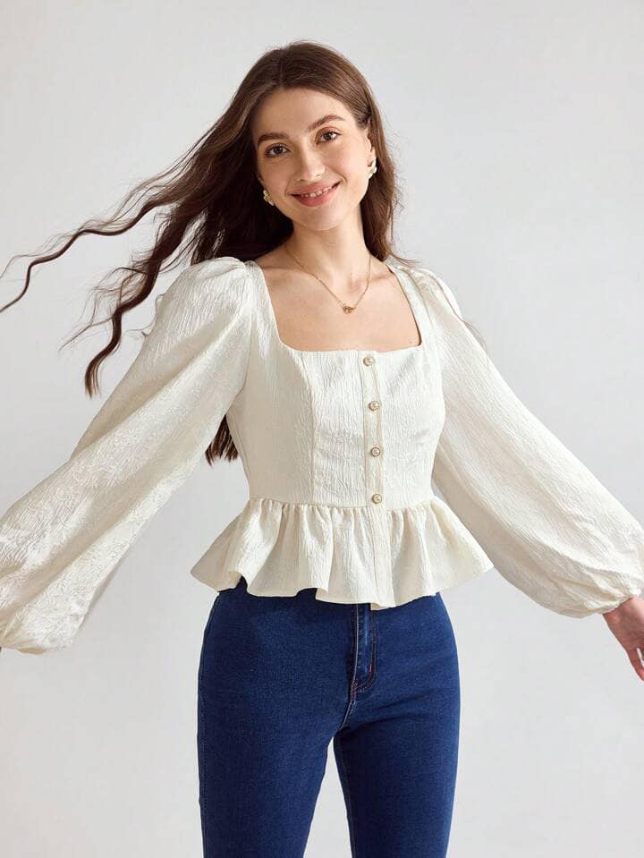 CM-TS621308 Women Elegant Seoul Style Solid Color Square Collar Long Sleeve Shirt - Apricot