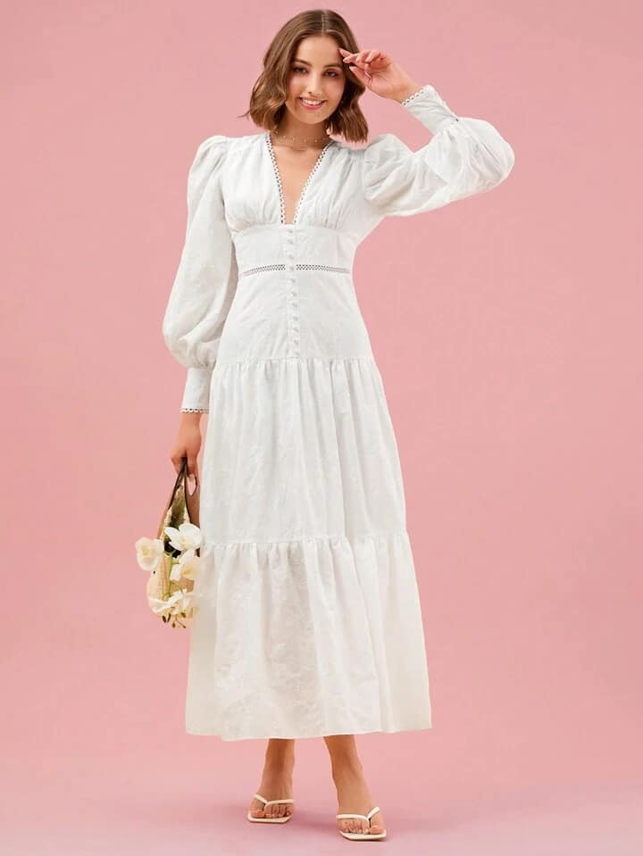 CM-DS463337 Women Elegant Seoul Style Plunging Neck Lantern Sleeve Ruffle Hem Dress - White