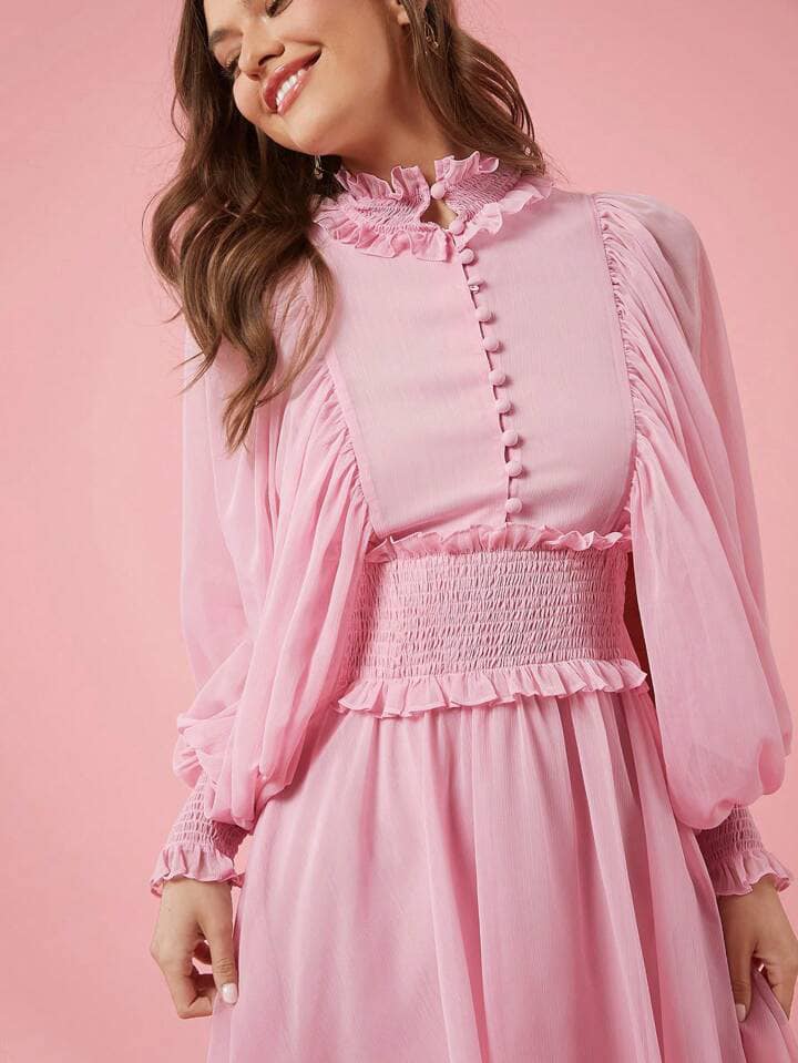 CM-DS961167 Women Elegant Seoul Style Solid Color Stand Collar Long Sleeve Mesh Panel Dress