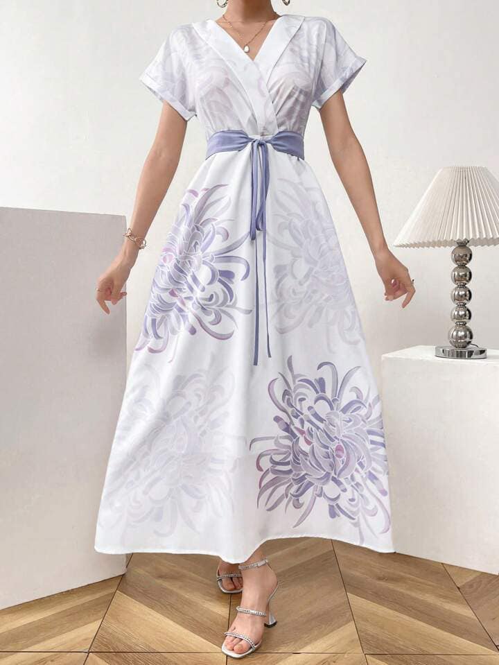 CM-DS121112 Women Casual Seoul Style Floral Print Overlap V-Neck Bat Sleeve Waist Tie Dress