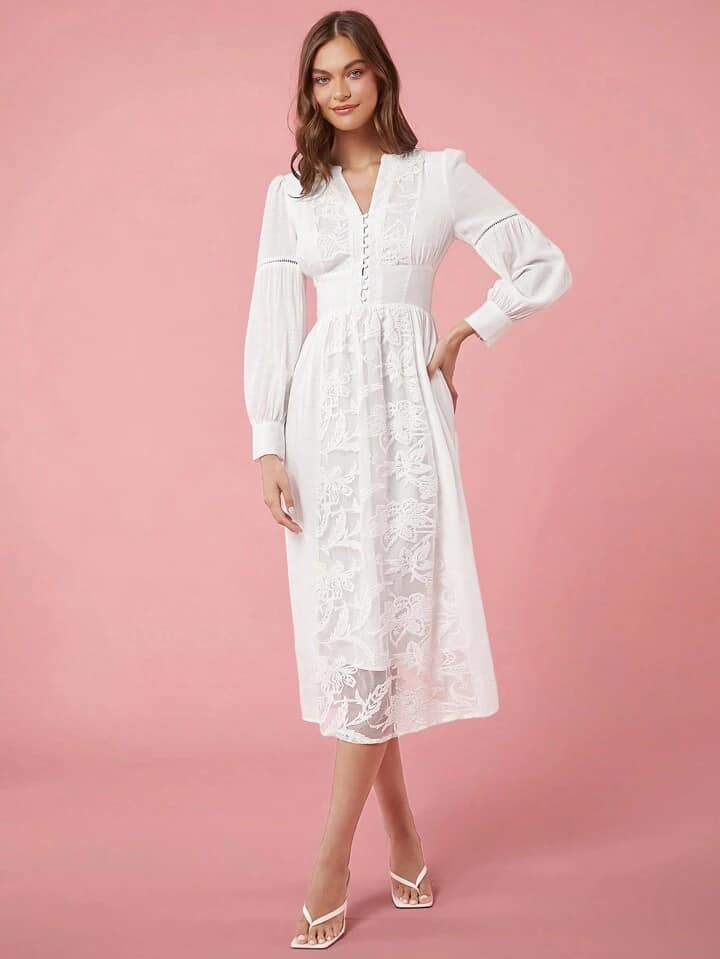 CM-DS178927 Women Elegant Seoul Style Solid Color V-Neck Long Sleeve A-Line Maxi Dress - White