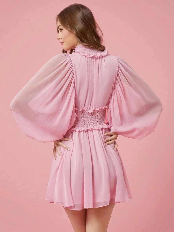 CM-DS961167 Women Elegant Seoul Style Solid Color Stand Collar Long Sleeve Mesh Panel Dress