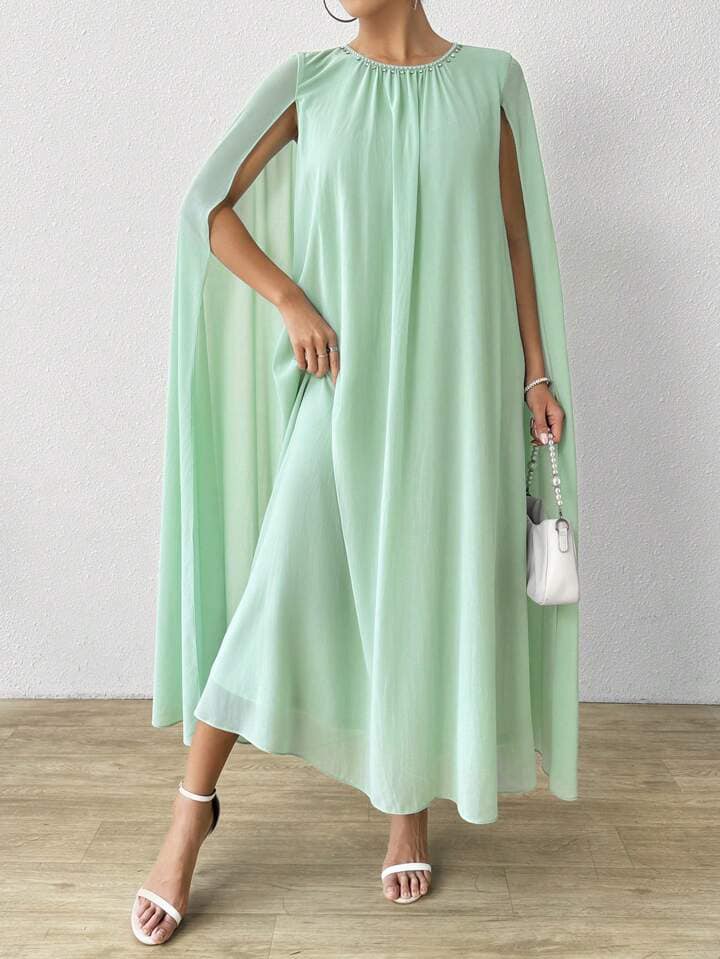 CM-DS011129 Women Elegant Seoul Style Plain Round Neck Cape Sleeve Long Dress - Mint Green