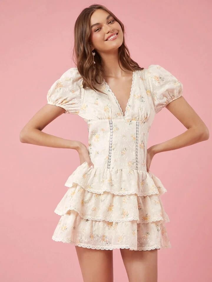 CM-DS212824 Women Elegant Seoul Style Floral Print Deep V-Neck Short Sleeve Multi-Layer Mini Dress