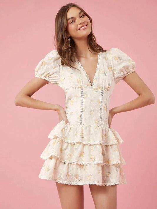 CM-DS212824 Women Elegant Seoul Style Floral Print Deep V-Neck Short Sleeve Multi-Layer Mini Dress