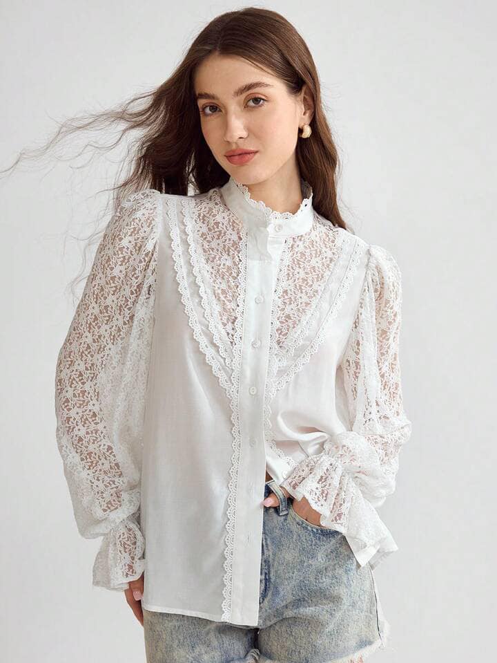 CM-TS578255 Women Elegant Seoul Style Stand Collar Contrast Lace Flounce Sleeve Blouse - White