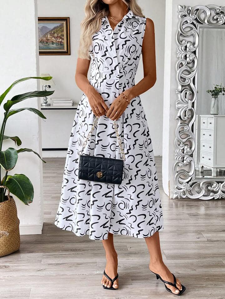 CM-DS957247 Women Casual Seoul Style Printed Pocket Sleeveless Shirt Collar Long Dress
