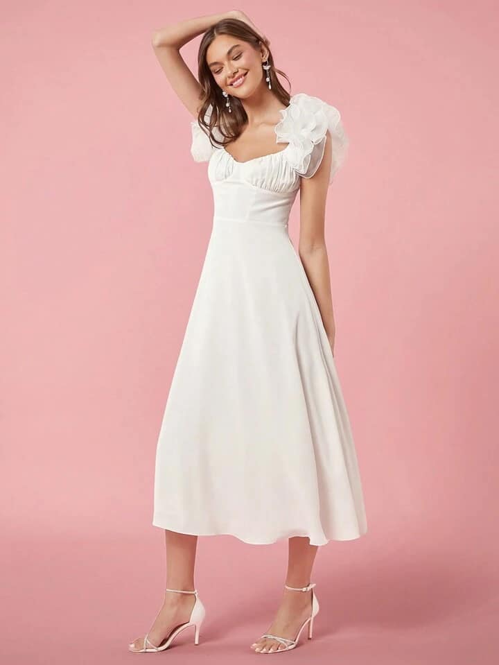 CM-DS762267 Women Elegant Seoul Style Sweetheart Neckline 3D Ruffle Strap Midi Dress - White