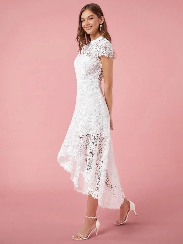 CM-DS280582 Women Elegant Seoul Style Lace Hollow Crew Neck Short Sleeve Long Dress - White