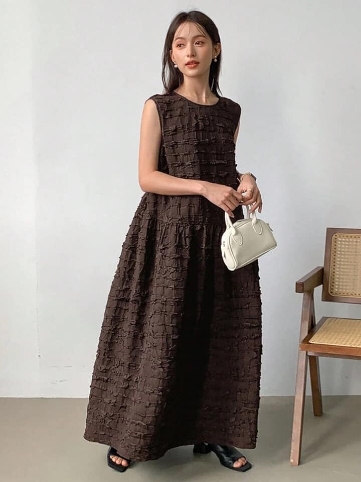CM-DS383673 Women Trendy Bohemian Style Solid Round Neck Sleeveless Smock Dress - Brown