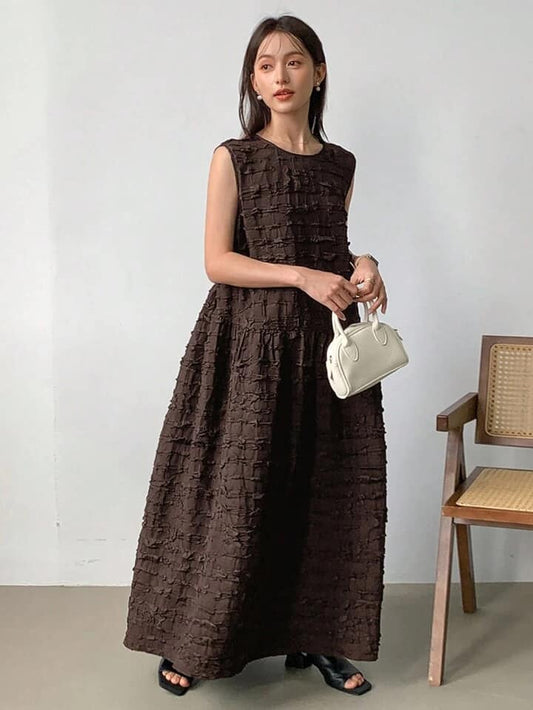 CM-DS383673 Women Trendy Bohemian Style Solid Round Neck Sleeveless Smock Dress - Brown