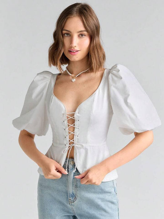 CM-TS757788 Women Elegant Seoul Style Sweetheart Neckline Lace Up Front Puff Sleeve Blouse
