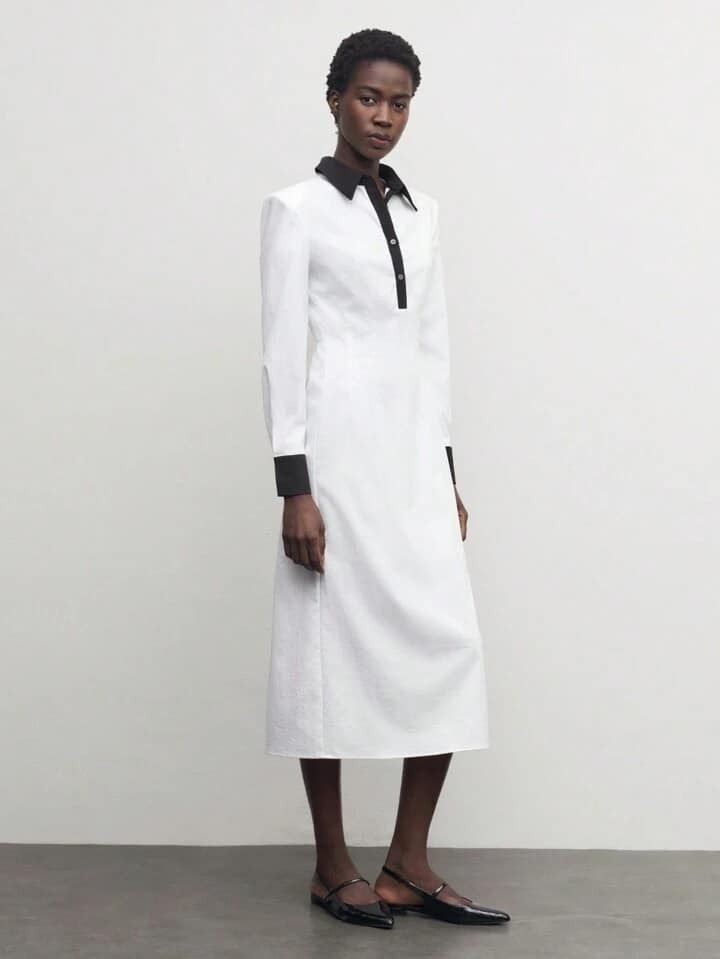 CM-DS306331 Women Casual Seoul Style Contrast Color Collar Neckline Long Sleeve Midi Dress - White