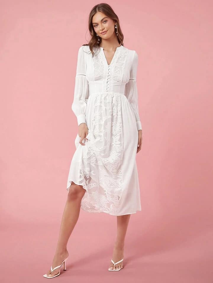 CM-DS178927 Women Elegant Seoul Style Solid Color V-Neck Long Sleeve A-Line Maxi Dress - White