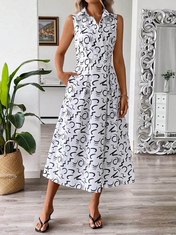 CM-DS957247 Women Casual Seoul Style Printed Pocket Sleeveless Shirt Collar Long Dress