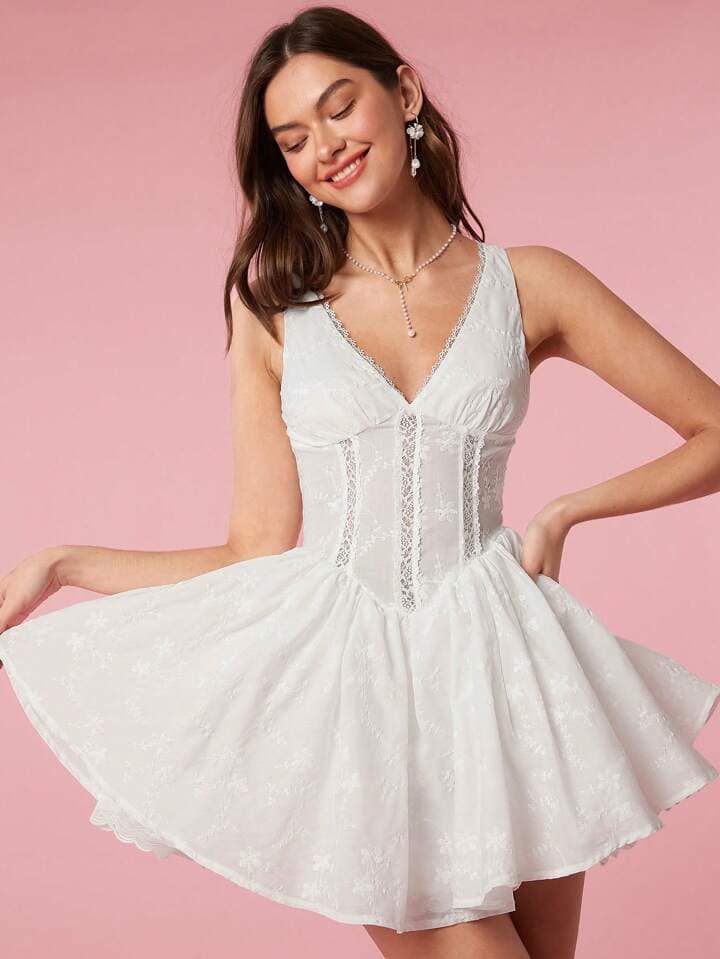 CM-DS929091 Women Elegant Seoul Style Lace Insert Sleeveless Corset Short Dress - White