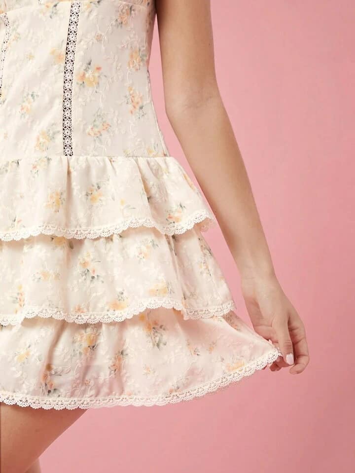 CM-DS212824 Women Elegant Seoul Style Floral Print Deep V-Neck Short Sleeve Multi-Layer Mini Dress