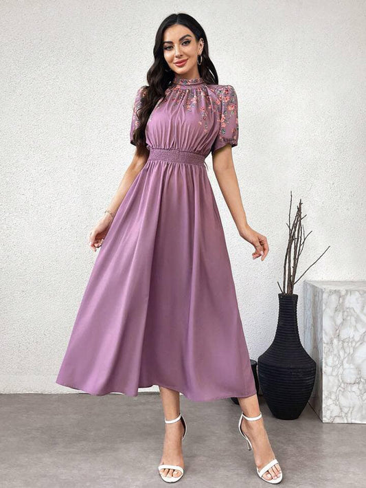 CM-DS531861 Women Elegant Seoul Styel Floral Print Stand Collar Short Sleeve Maxi Dress - Purple