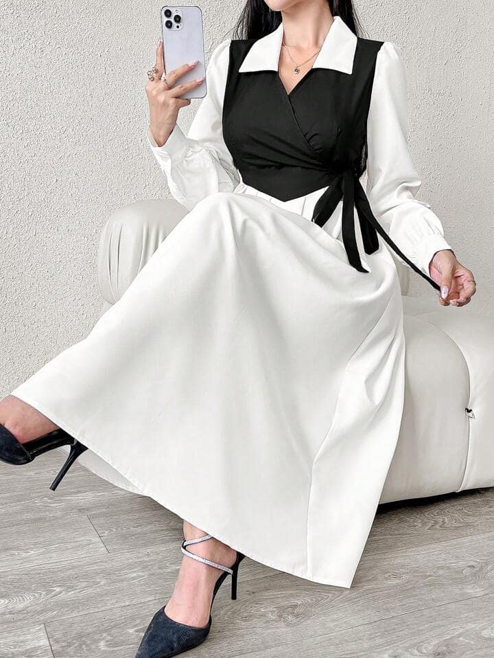 CM-DS565829 Women Casual Seoul Style Colorblock Collar Neckline Side Knot Bubble Sleeve Maxi Dress