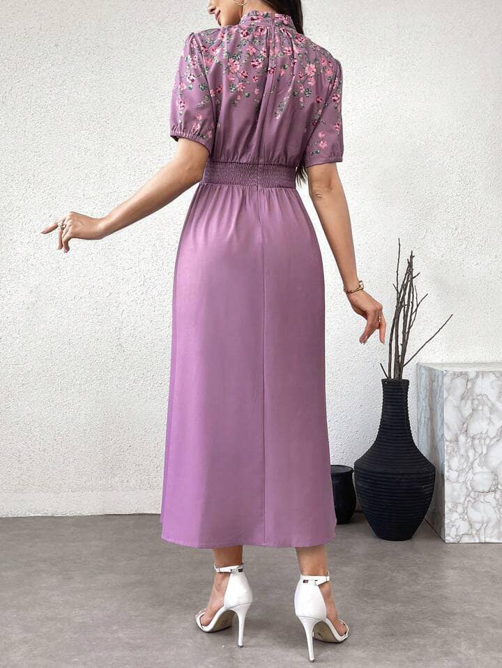 CM-DS531861 Women Elegant Seoul Styel Floral Print Stand Collar Short Sleeve Maxi Dress - Purple
