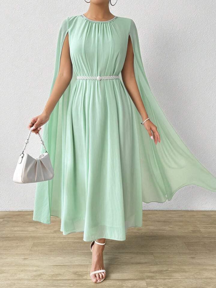 CM-DS011129 Women Elegant Seoul Style Plain Round Neck Cape Sleeve Long Dress - Mint Green