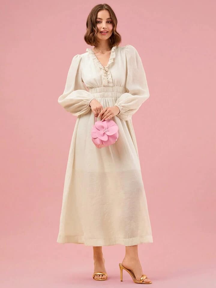 CM-DS994746 Women Elegant Seoul Style V-Neck Frill Trim Lantern Sleeve Maxi Dress - Apricot