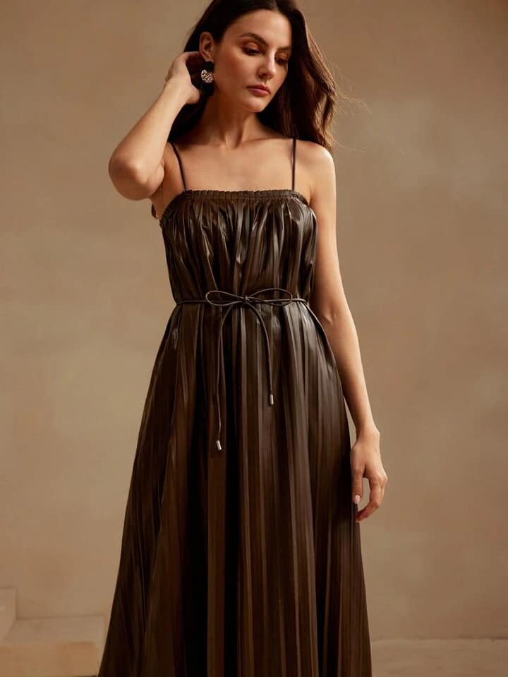 CM-DS288117 Women Elegant Seoul Style Solid Color Spaghetti Strap Sleeveless Pleated Cami Dress - Coffee