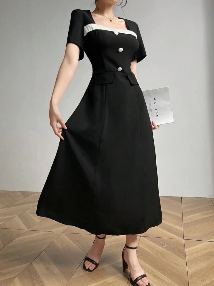 CM-DS529798 Women Elegant Seoul Style Contrast Color Crew Neck Short Sleeve Maxi Dress - Black