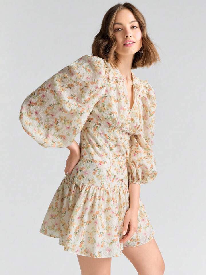 CM-DS072246 Women Elegant Seoul Style Ditsy Floral Print Lantern Sleeve Ruffle Hem Dress - Yellow