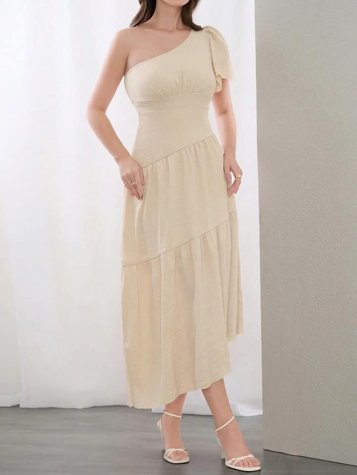 CM-DS374794 Women Elegant Seoul Style Solid Color Asymmetrical Neck Short Sleeve Maxi Dress - Apricot