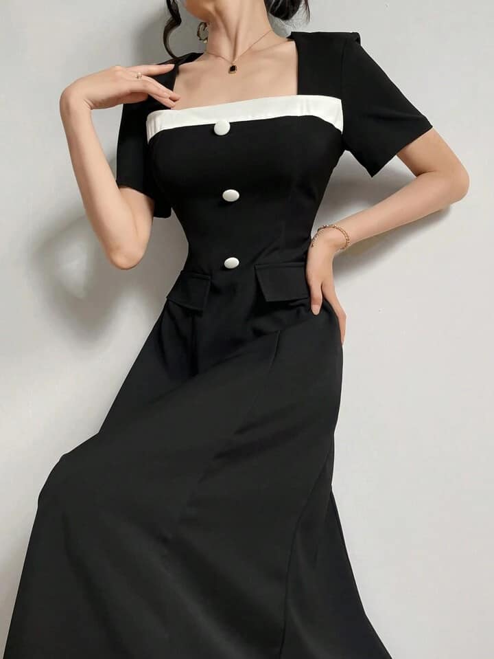 CM-DS529798 Women Elegant Seoul Style Contrast Color Crew Neck Short Sleeve Maxi Dress - Black