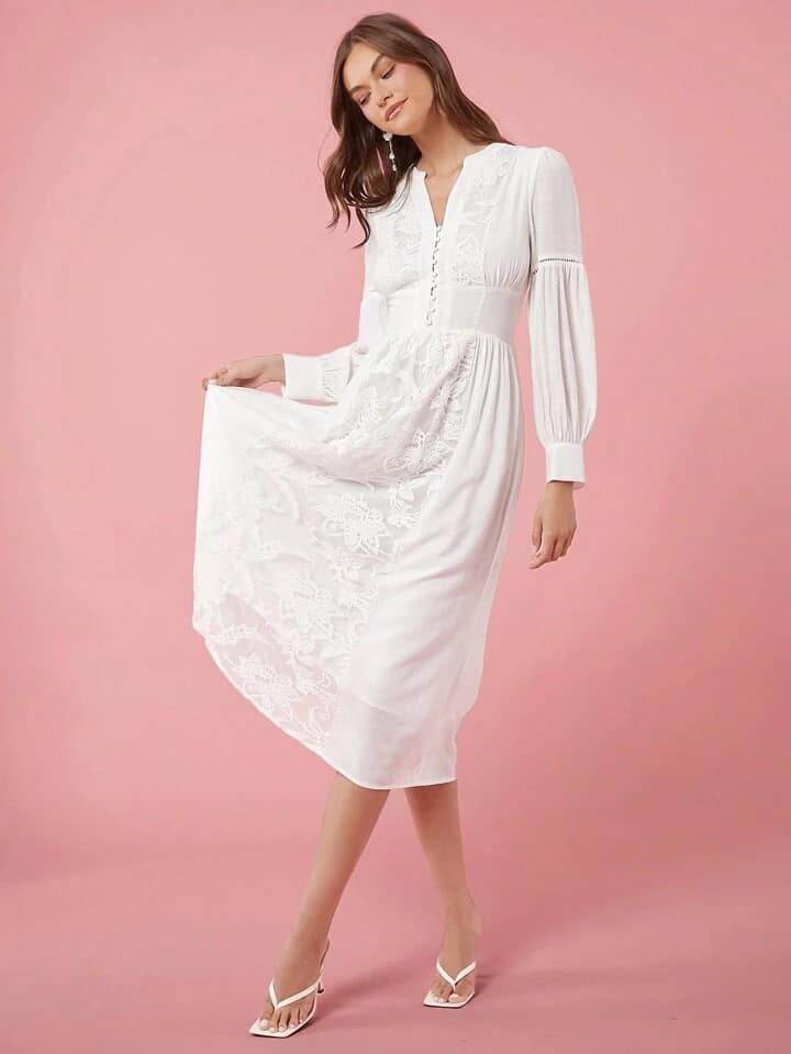 CM-DS178927 Women Elegant Seoul Style Solid Color V-Neck Long Sleeve A-Line Maxi Dress - White