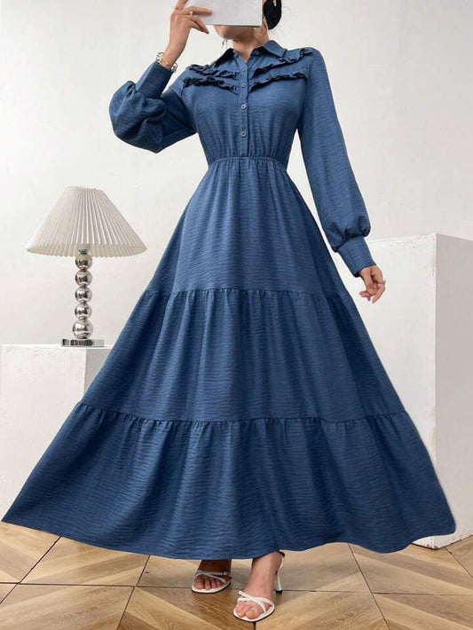 CM-DS499021 Women Elegant Seoul Style Solid Color Lantern Sleeve A-Line Long Dress - Blue