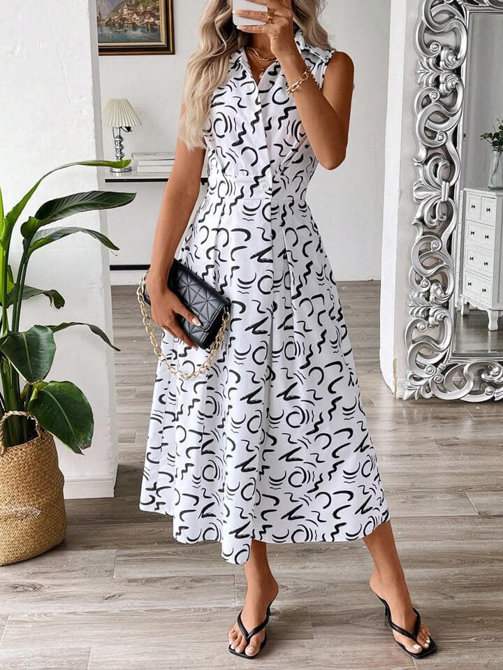 CM-DS957247 Women Casual Seoul Style Printed Pocket Sleeveless Shirt Collar Long Dress