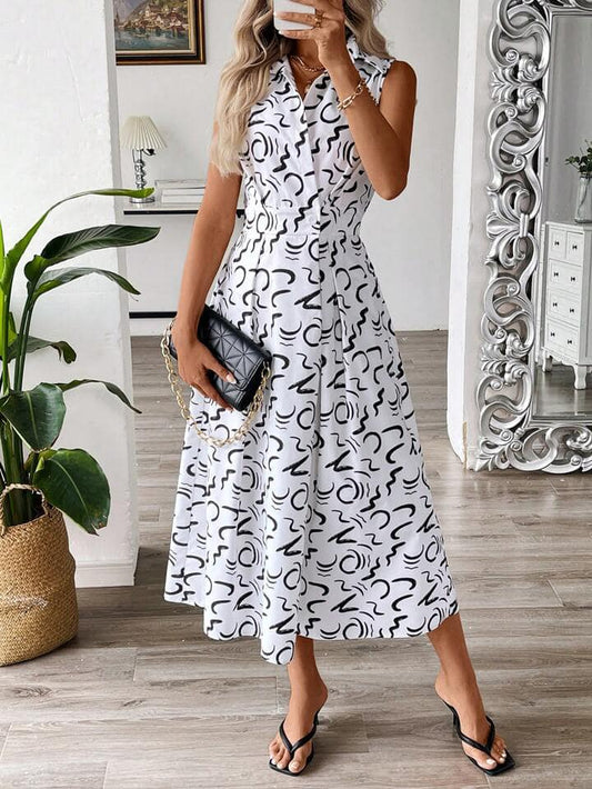 CM-DS957247 Women Casual Seoul Style Printed Pocket Sleeveless Shirt Collar Long Dress
