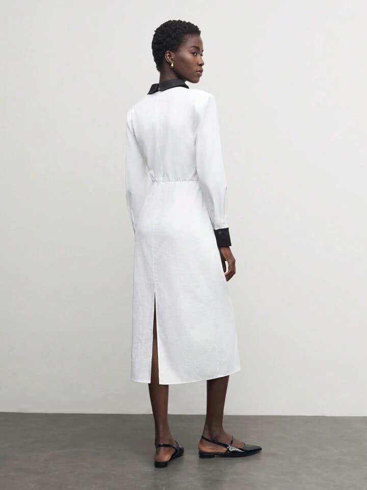 CM-DS306331 Women Casual Seoul Style Contrast Color Collar Neckline Long Sleeve Midi Dress - White