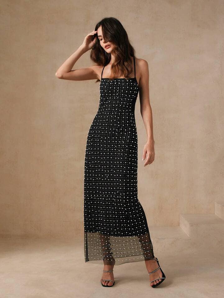 CM-DS505060 Women Elegant Seoul Style Sequin Patchwork Strappy Sleeveless Dress - Black