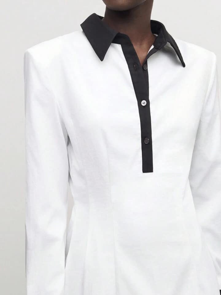 CM-DS306331 Women Casual Seoul Style Contrast Color Collar Neckline Long Sleeve Midi Dress - White