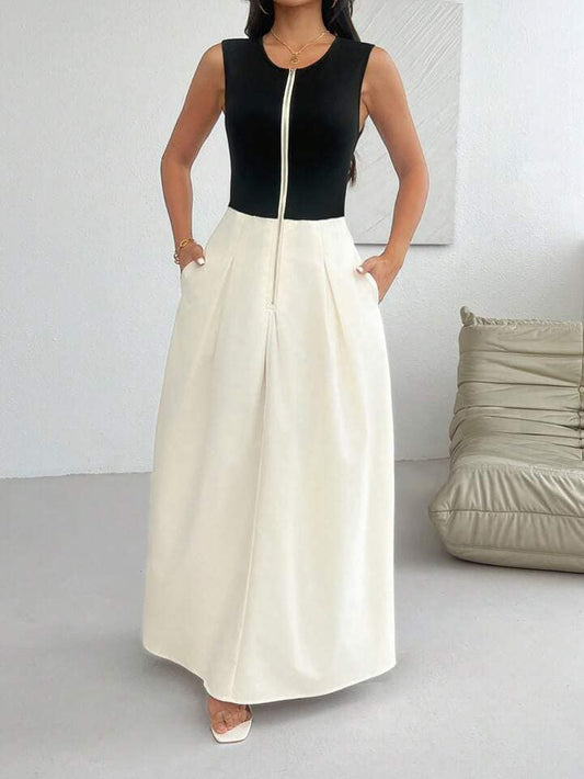 CM-DS340550 Women Casual Seoul Style Sleeveless Colorblock Patchwork Round Neck Sleeveless Maxi Dress