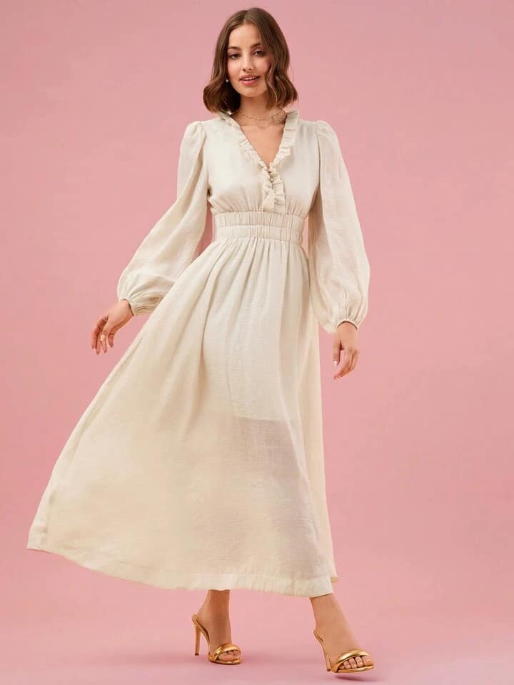 CM-DS994746 Women Elegant Seoul Style V-Neck Frill Trim Lantern Sleeve Maxi Dress - Apricot