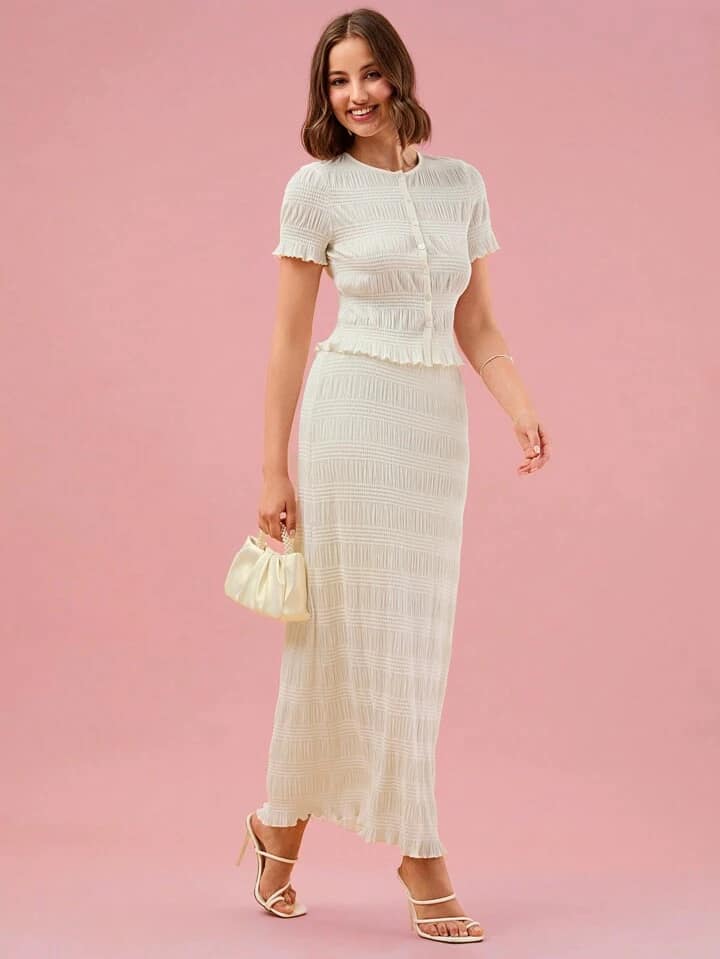 CM-SS639379 Women Elegnat Seoul Style Solid Color Round Neck Short Sleeve Shirt With Maxi Skirt - Set