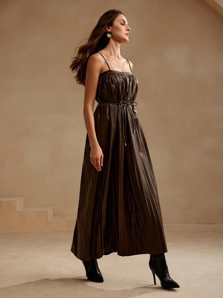 CM-DS288117 Women Elegant Seoul Style Solid Color Spaghetti Strap Sleeveless Pleated Cami Dress - Coffee