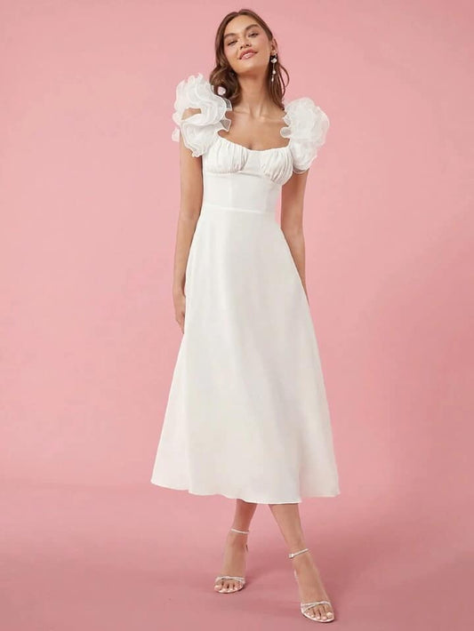 CM-DS762267 Women Elegant Seoul Style Sweetheart Neckline 3D Ruffle Strap Midi Dress - White