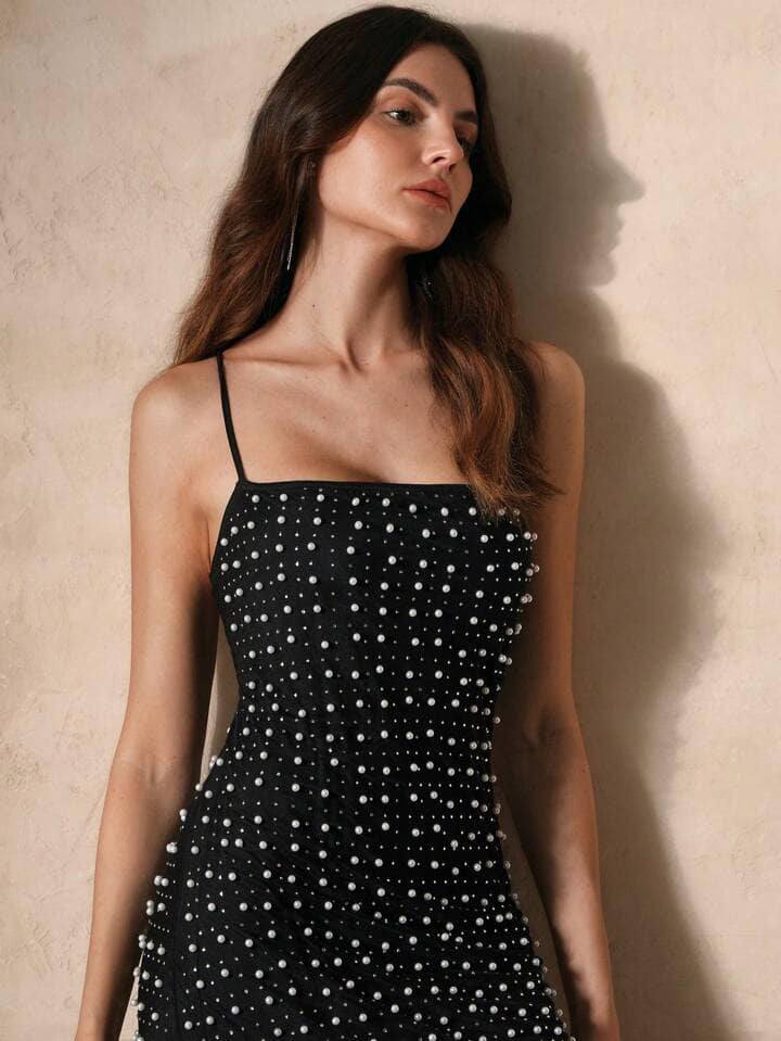CM-DS505060 Women Elegant Seoul Style Sequin Patchwork Strappy Sleeveless Dress - Black