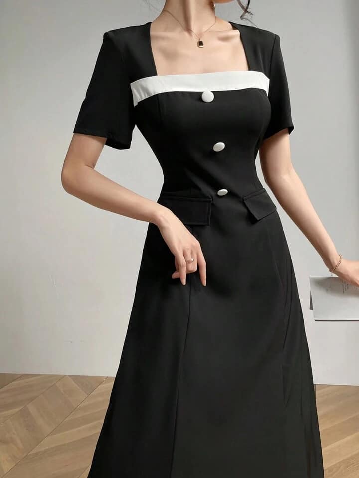 CM-DS529798 Women Elegant Seoul Style Contrast Color Crew Neck Short Sleeve Maxi Dress - Black