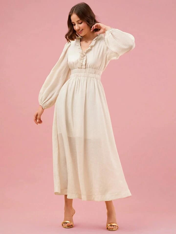 CM-DS994746 Women Elegant Seoul Style V-Neck Frill Trim Lantern Sleeve Maxi Dress - Apricot